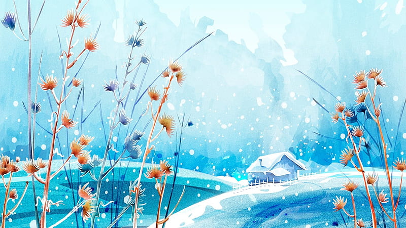 Winter Wonderland Cottage, art, warm, house, paint, cottage, cabin, thistle, sky, clouds, winter, snowing, snow, watercolor, HD wallpaper