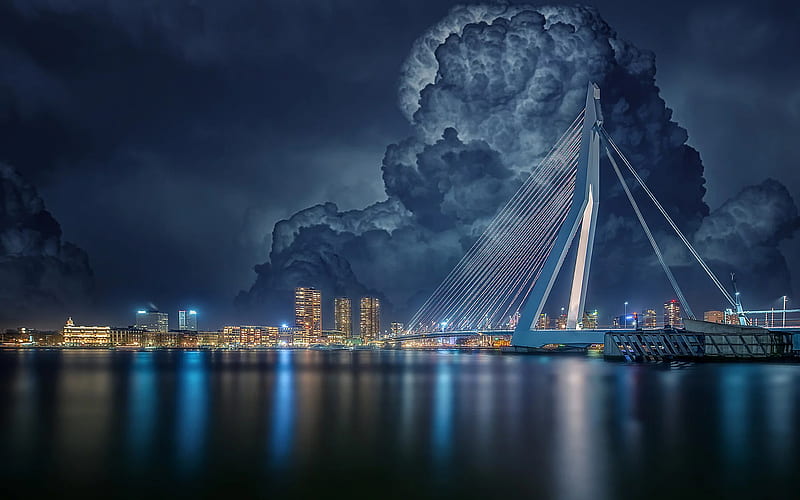 Rotterdam, Erasmus Bridge, night, Maas river, clouds, Netherlands, HD wallpaper