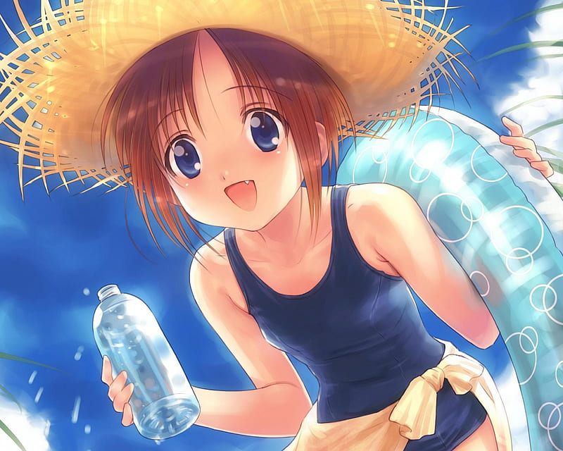 Come swim with Me, swimsuit, float, bottle, sweet, nice, excited, anime, anime girl, long hair, blue eyes, lovely, brown hair, smile, straw hat, sky, hat, happy, cute, kawaii, girl, cap, HD wallpaper