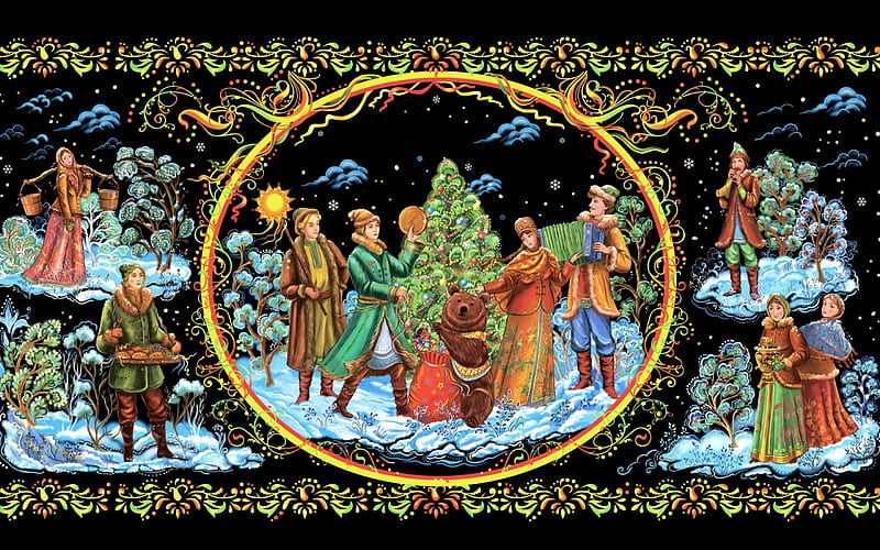 Winter~Christmas Folk Art, ornaments, Christmas, Christmas Tree, bear, bread, clouds, women, tray, sack, yoke, holiday, tambourine, winter, tree, folk art, snow, snowflakes, men, horn, accordion, presents, gifts, HD wallpaper