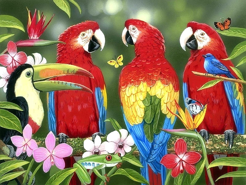 Tropical Friends, love four seasons, birds, butterflies, paintings, summer, flowers, garden, nature, parrots, tropical, animals, HD wallpaper