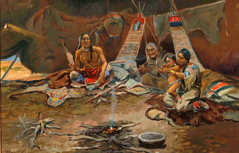 Three Generations, family, young, feather, native americans, old, toys, tipi, HD wallpaper