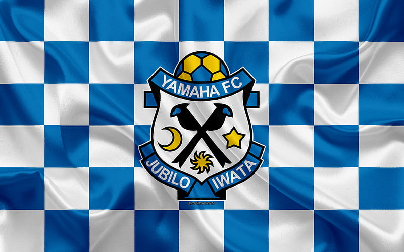 Jubilo Iwata FC logo, creative art, blue and white checkered flag, Japanese football club, J1 League, J League Division 1, emblem, silk texture, Iwata, japan, football, HD wallpaper