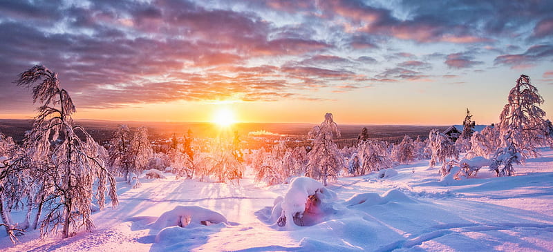 Lapland in winter, panorama, winter, bonito, sunset, sky, clouds, trees, snow, Lapland, rays, sunrise, morning, HD wallpaper
