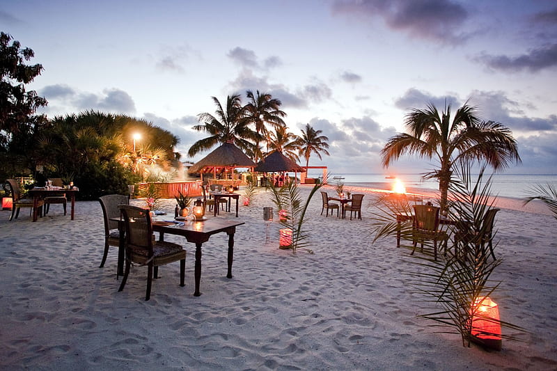 Time for Beach Party, tables, chairs, evening, lights, sea, palms, HD wallpaper