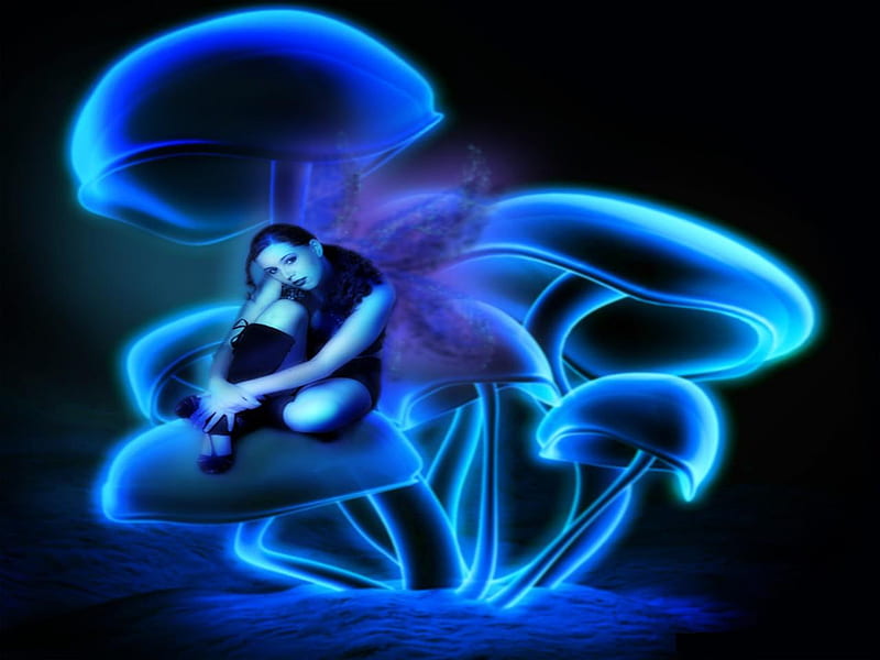 BLUE MUSHROOM FAIRY, female, wings, mushroom, neon, fairy, blue, HD wallpaper