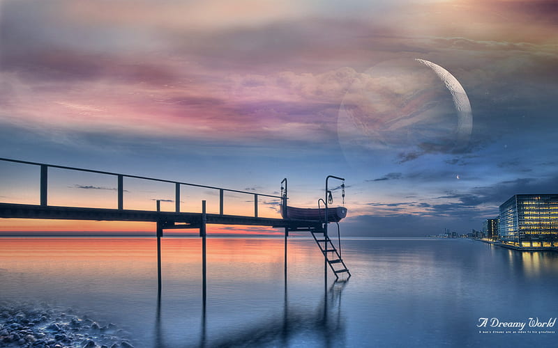 Tranquil Lake, tranquil, full moon, pier, sunset, lake, HD wallpaper