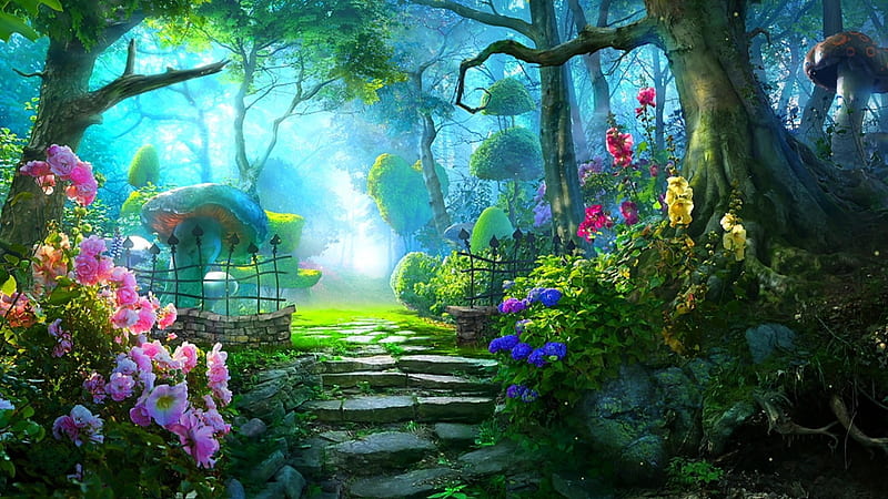 Fairy-tail Dreamland, flowers, garden, mushrooms, spring, dreamland, trees, mist, HD wallpaper