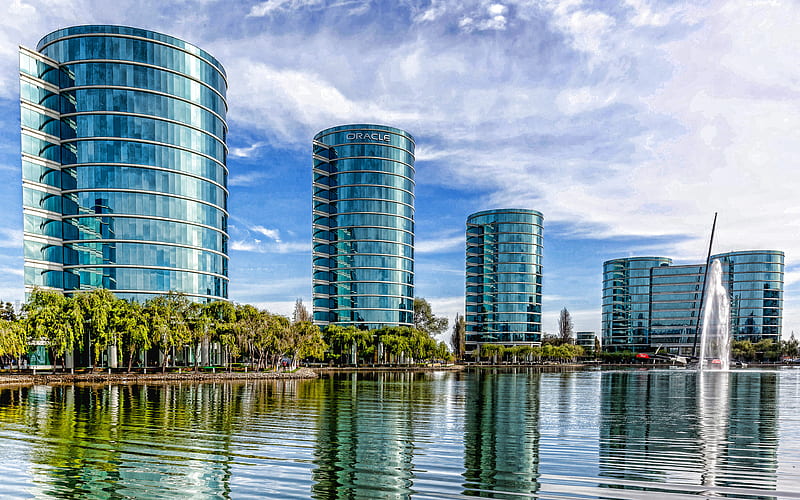 Silicon Valley, Oracle, San Francisco, modern buildings, modern architecture, fountain, California, USA, HD wallpaper