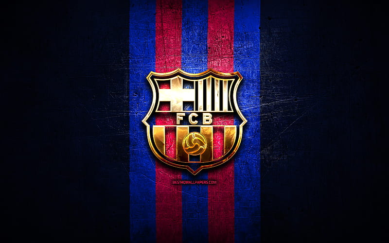 FC Barcelona logo, La Liga, golden logo, blue metal background, football, FC Barcelona, spanish football club, soccer, LaLiga, Spain, HD wallpaper
