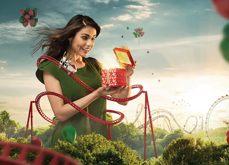 Rollercoaster, red, box, woman, situation, fantasy, girl, green, summer, funny, HD wallpaper
