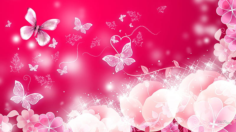 Bright and Pink, stars, glow, shine, butterflies, floral, butterfly, bright, flowers, pink, HD wallpaper
