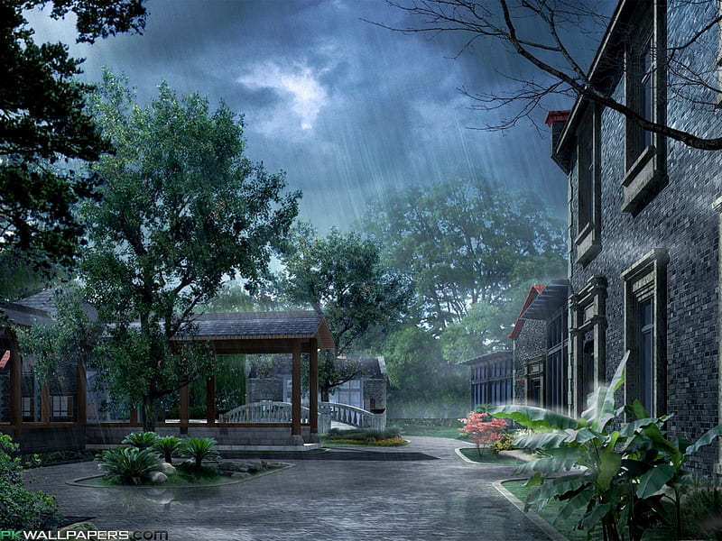 RAINY DAY, day, rain, clouds, houses, HD wallpaper