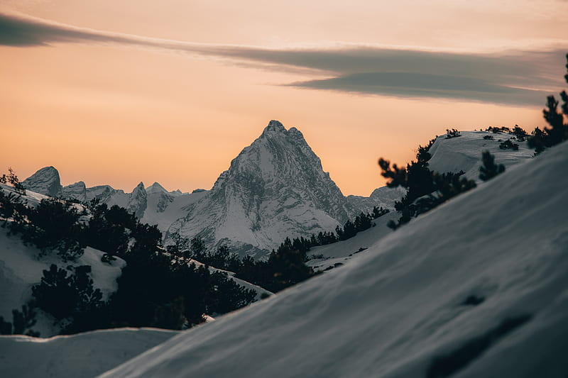 mountains, snow, winter, dusk, landscape, HD wallpaper