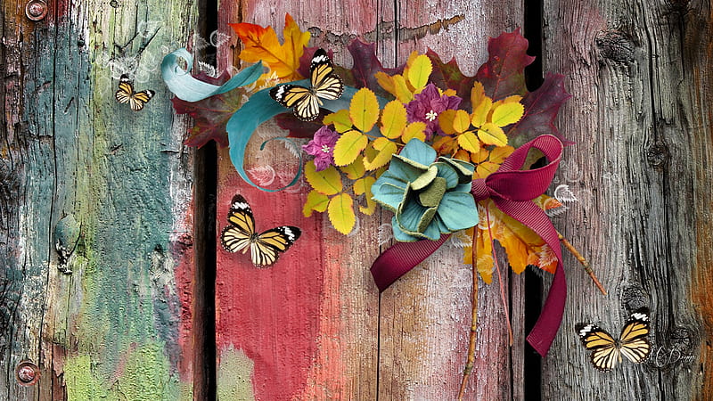 Old Time Autumn, Firefox theme, fall, autumn, ribbons, farm, leaves, butterfly, flowers, barn board, vintage, HD wallpaper