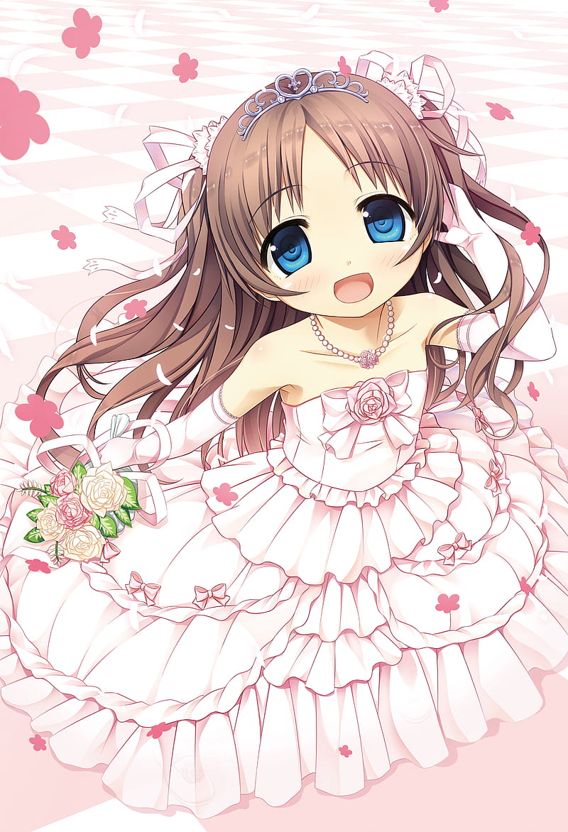 Monobeno, Sawai Natsuha, wedding dress, white dress, brunette, blue eyes, Cura, HD phone wallpaper
