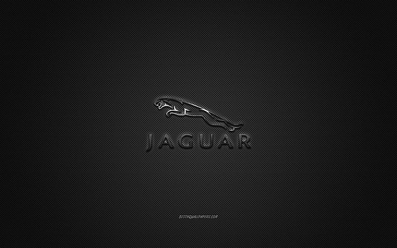 Jaguar logo, silver logo, gray carbon fiber background, Jaguar metal ...
