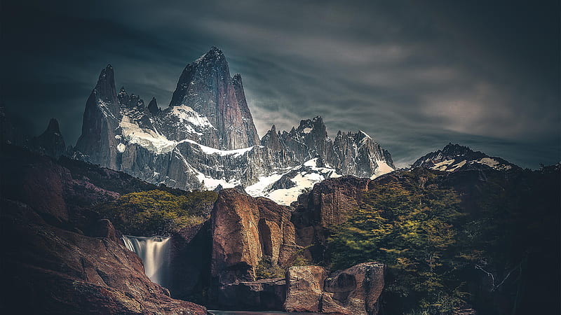 snow line, mountains, rocks, dark weather, waterfall, Landscape, HD wallpaper