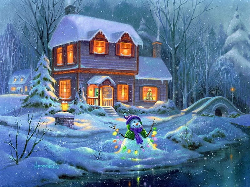 Winter bright night, art, house, christmas, holiday, bonito, snowman, lights, winter, cold, snow, bright, night, frost, HD wallpaper