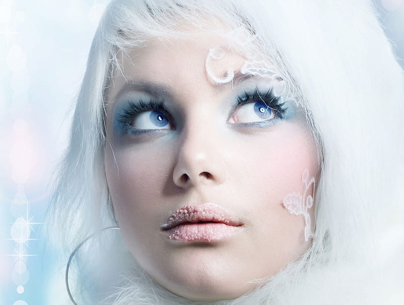 ★Snow Maiden★, lashes, creative pre-made, lips, cute, hair, fantasy, snow, makeup, weird things people wear, face, girls, white, eyes, HD wallpaper