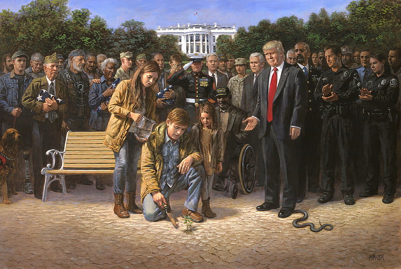 You are not forgotten, art, jon mcnaughton, Donald Trump, SUA, white house, people, painting, veteran, pictura, snake, HD wallpaper