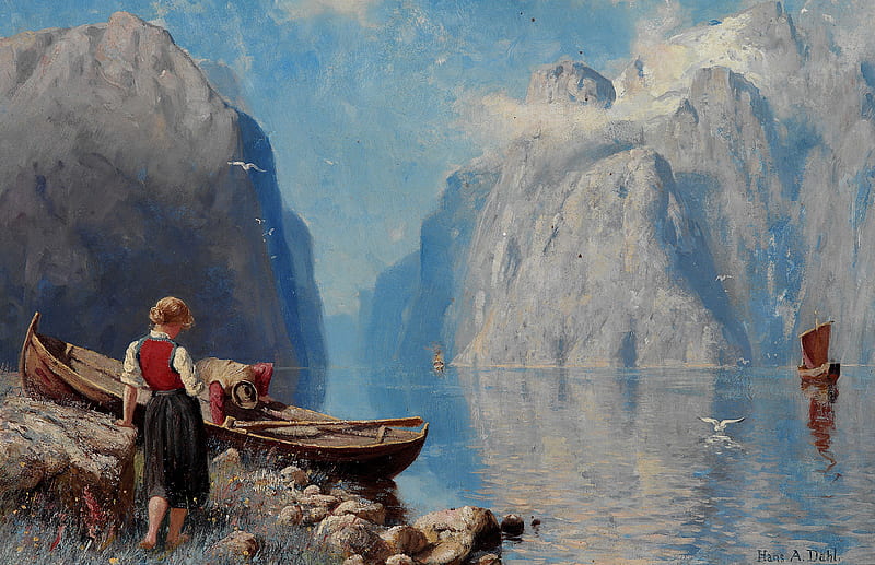 The lake, luminos, lake, mountain, water, boat, girl, painting, pictura, hans dahl, HD wallpaper