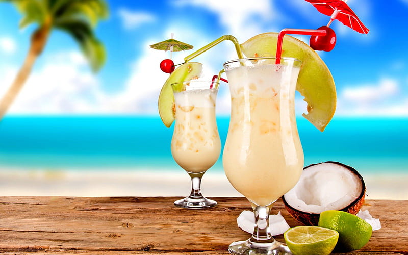 SUMMER QUENCH, lime coconut, tree, glasses, cocktail rolls, sky, skewers, HD wallpaper