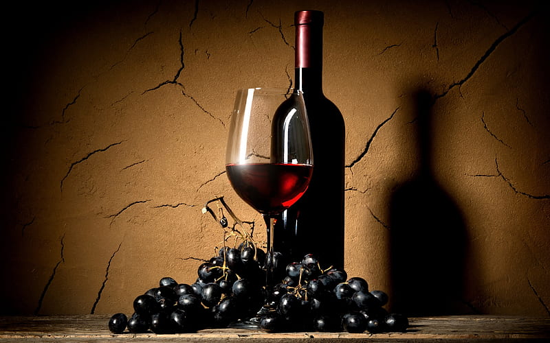 red wine, bottle of wine, glass of wine, grapes, wine cellar, HD wallpaper