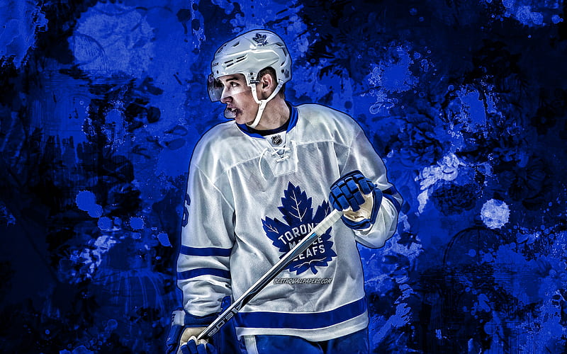 Mitchell Marner, blue paint splashes, hockey stars, Toronto Maple Leafs, NHL, hockey players, Marner, grunge art, hockey, USA, HD wallpaper