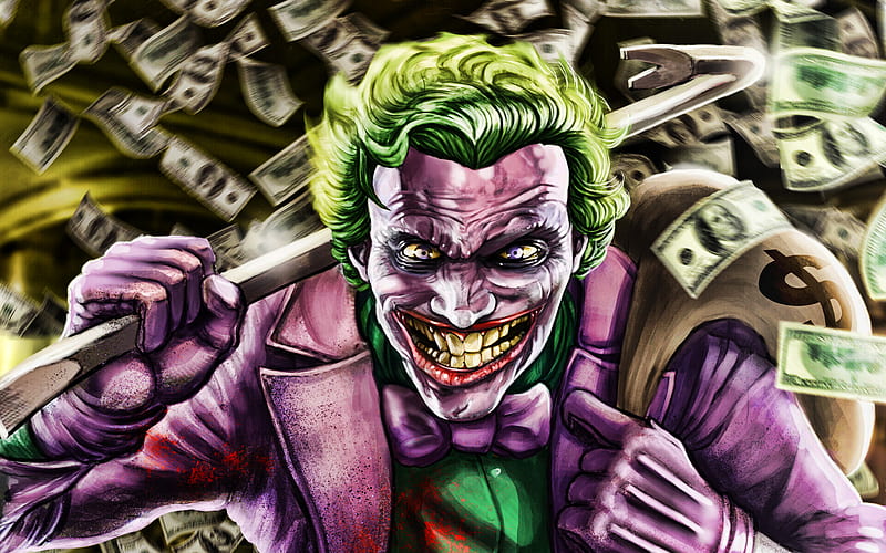 Joker with dollars, 3D art, supervillain, fan art, money, artwork, Joker, HD wallpaper