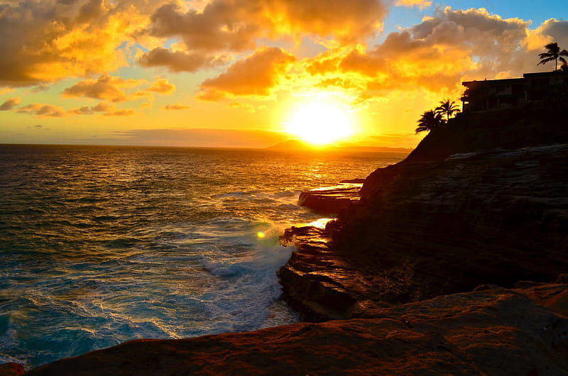 Hawaiian Sunset, polynesia, rocks, orange, surf, sunset, sea, evening, exotic, islands, foam, ocean, hawaii, pacific, crashing, waves, sky, crash, paradise, coastline, island, tropical, hawaiian, coast, HD wallpaper