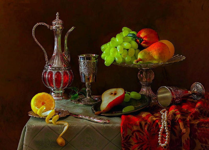 Still life, fruit, table, silver glass, tray, HD wallpaper
