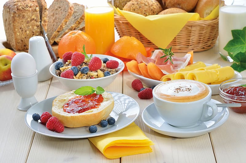 Food, Cheese, Blueberry, Raspberry, Coffee, Still Life, Cup, Fruit, Jam, Egg, Bread, Muesli, Breakfast, Juice, Orange (Fruit), HD wallpaper