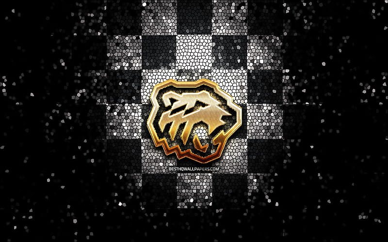 HC Tractor, glitter logo, KHL, black white checkered background, hockey, Kontinental Hockey League, Tractor Chelyabinsk logo, mosaic art, russian hockey team, Tractor Chelyabinsk, HD wallpaper