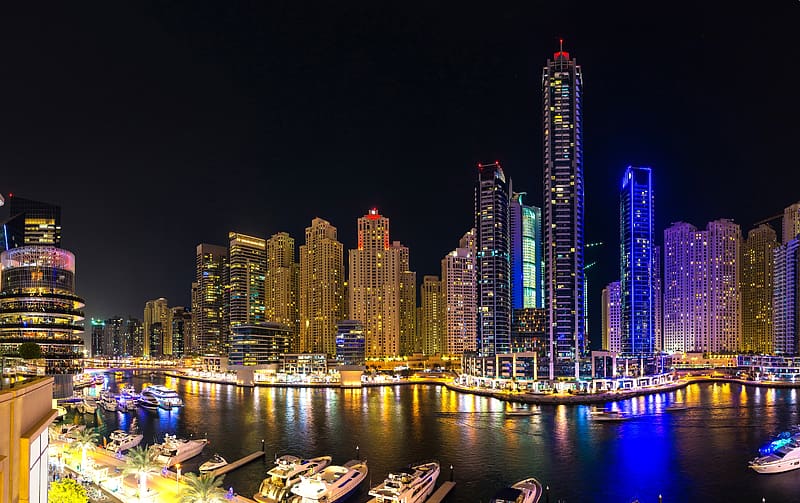 Cities, Night, City, Skyscraper, Building, Dubai, River, HD wallpaper