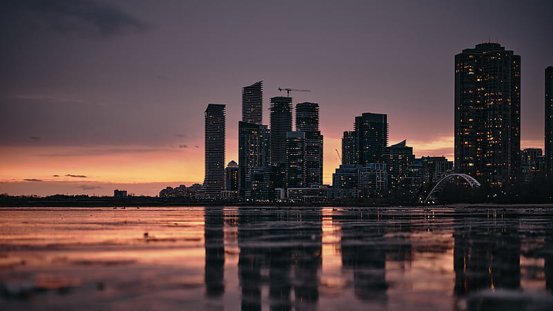 buildings, city, water, reflection, sunset, dusk, HD wallpaper
