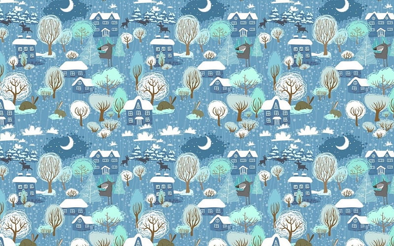 Winter texture, house, moon, craciun, christmas, winter, tree, moon, snow, texture, paper, white, blue, HD wallpaper