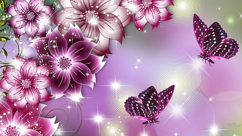 Flower Butterfly Beauties, flowers, glow, wine, shine, butterflies, lavender, floral, sparkle, purple, merlot, summer, papillon, flowers, pink, sizzle, HD wallpaper
