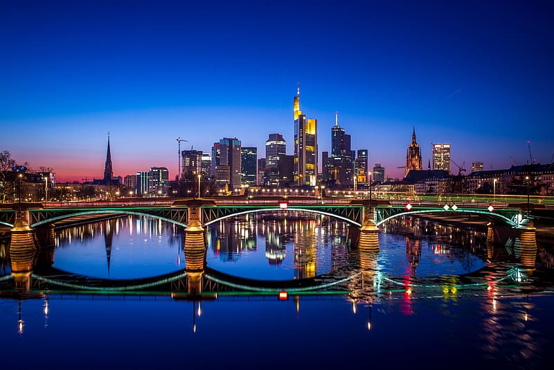 Cities, Night, City, Skyscraper, Building, Reflection, Light, Bridge, River, Germany, Frankfurt, HD wallpaper