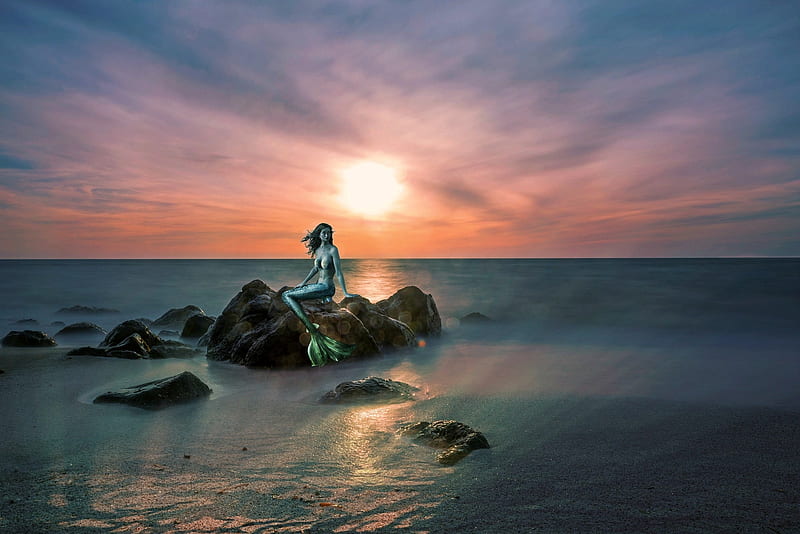 Mermaid Sit on the Rock, fantasy, rock, mermaid, sunset, sky, woman, sea, HD wallpaper