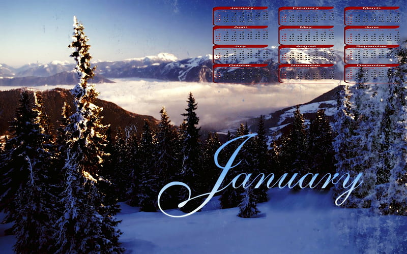 January the 2013 calender, skies, 2013, january, snow, mountains, trees ...