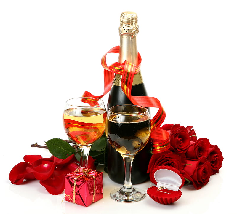 Happy Valentine's Day!!!, with love, pretty, bottle, box, valentine, sweet, red rose, love, flowers, beauty, harmony, valentines day, lovely, romance, holiday, ribbon, i love you, gift, glass, champagne, white, red roses, red, rose, glasses, bonito, still life, graphy, for you, romantic, wine, colors, elegantly, delicate, roses, bouquet, flower, petals, nature, ring, HD wallpaper
