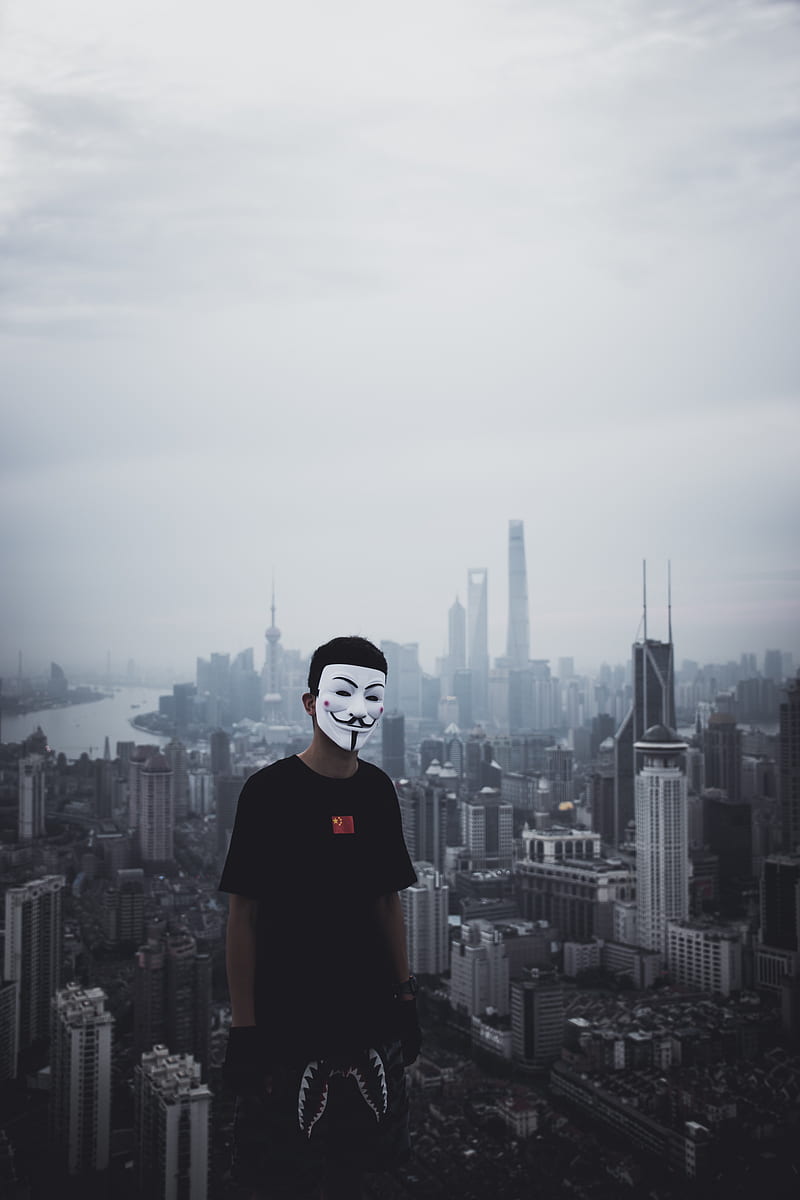 man, mask, city, buildings, view, overview, HD phone wallpaper