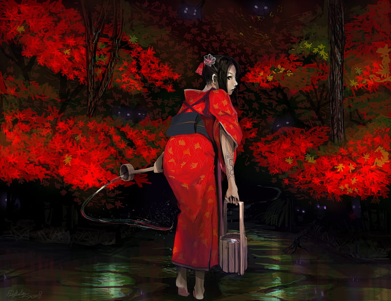 Villager, kimono girl, original, anime, anime girl, japanese lady, black hair, HD wallpaper