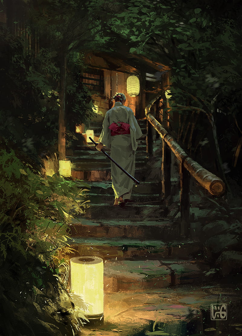 environment, katana, Japanese, cabin, trees, lamp, kimono, HD phone wallpaper