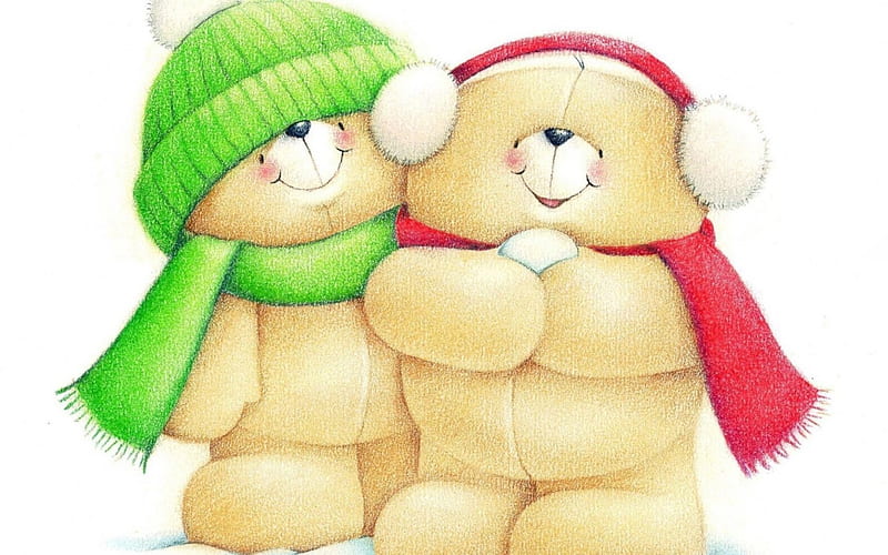 Forever friends, red, toy, winter, hat, card, cute, green, scarf, white, teddy bear, couple, HD wallpaper