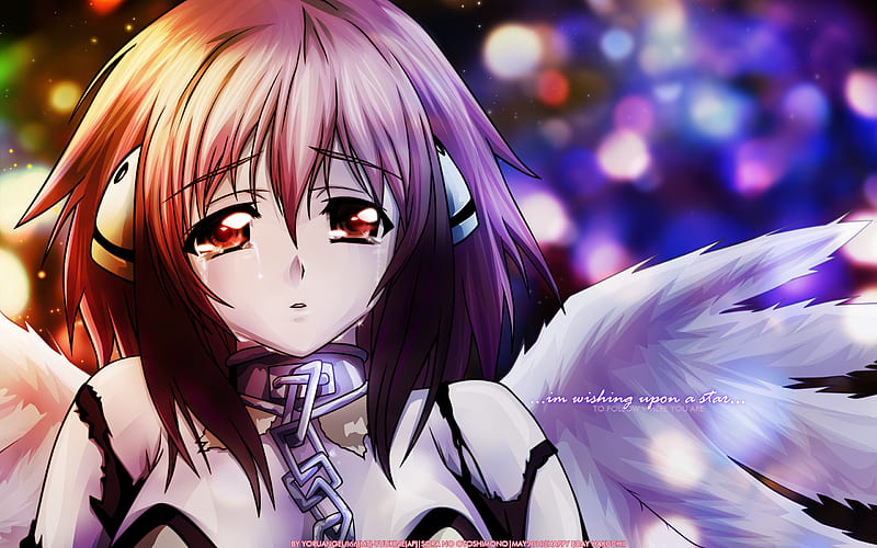 I'm wishing upon a star..., pretty, colorful, angeloids, sora no otoshimono, bonito, lights, nice, anime, tears, chain, wings, angel, red hair, cute, cool, ikaros, awesome, shiny, red eyes, HD wallpaper