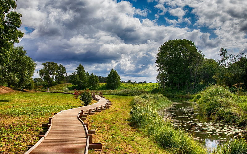 Landscape in Grobina, Latvia, lane, river, wooden, Latvia, clouds, landscape, HD wallpaper