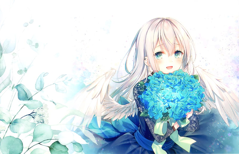 cute anime girl, blue roses, bouquet, loli, white hair, wings, angel, Anime, HD wallpaper