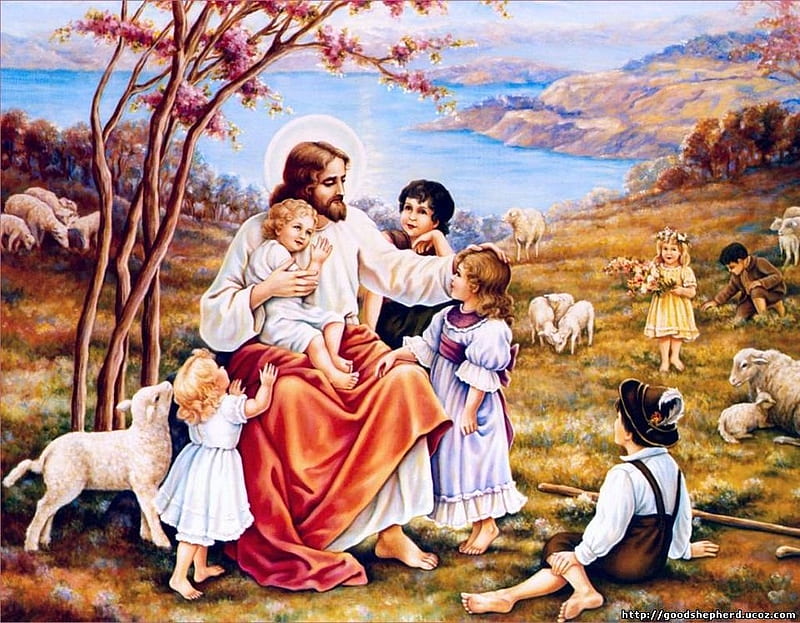 Jesus and the children, christ, sheep, jesus, child, religion, HD wallpaper